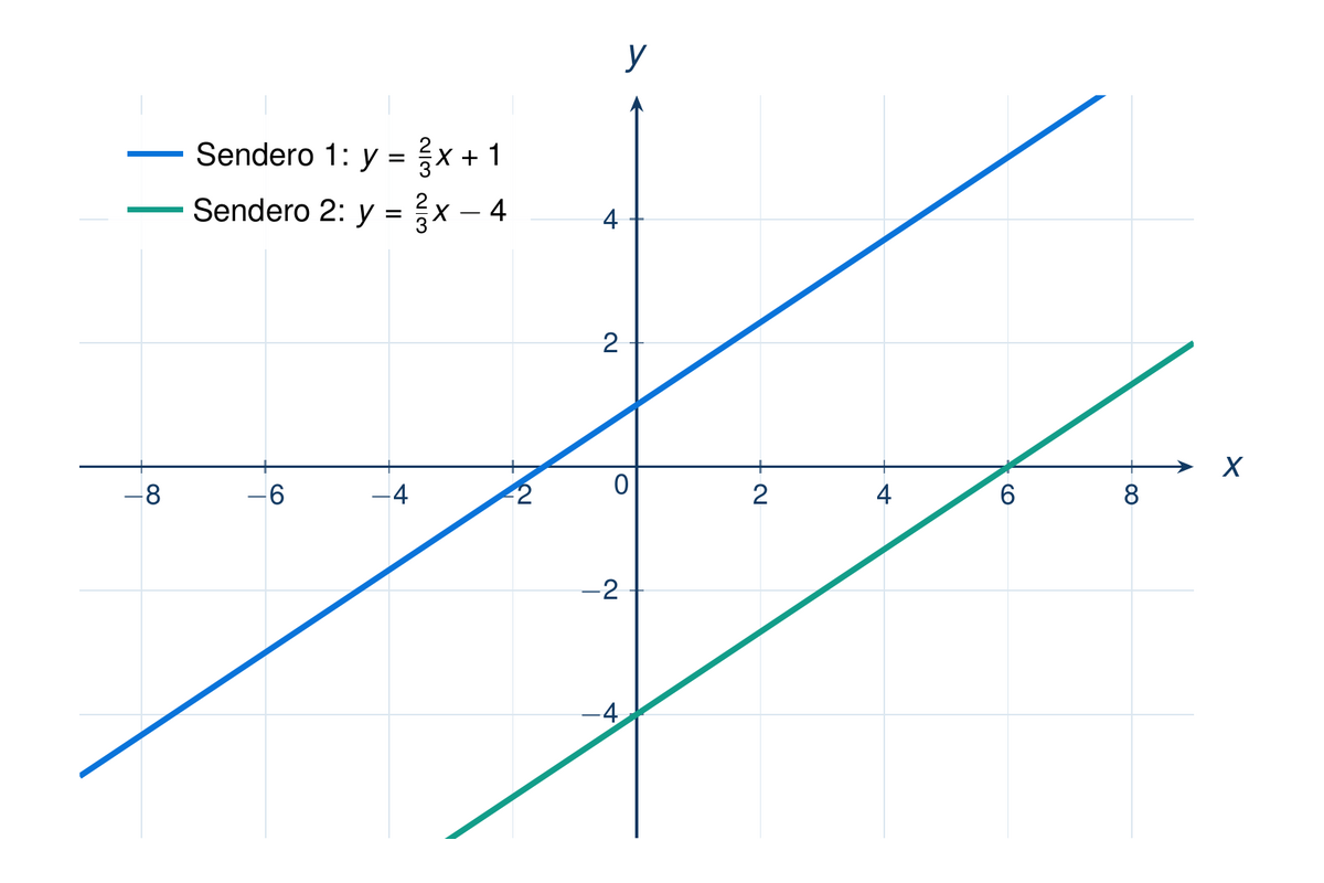 Plano cartesiano con dos rectas de la misma inclinación (pendiente 2/3). Sendero 1 (azul) cruza el eje Y en y=1 (más arriba). Sendero 2 (verde) cruza el eje Y en y=−4 (más abajo). Ambas rectas son paralelas — misma dirección, nunca se intersectan en el rango mostrado.