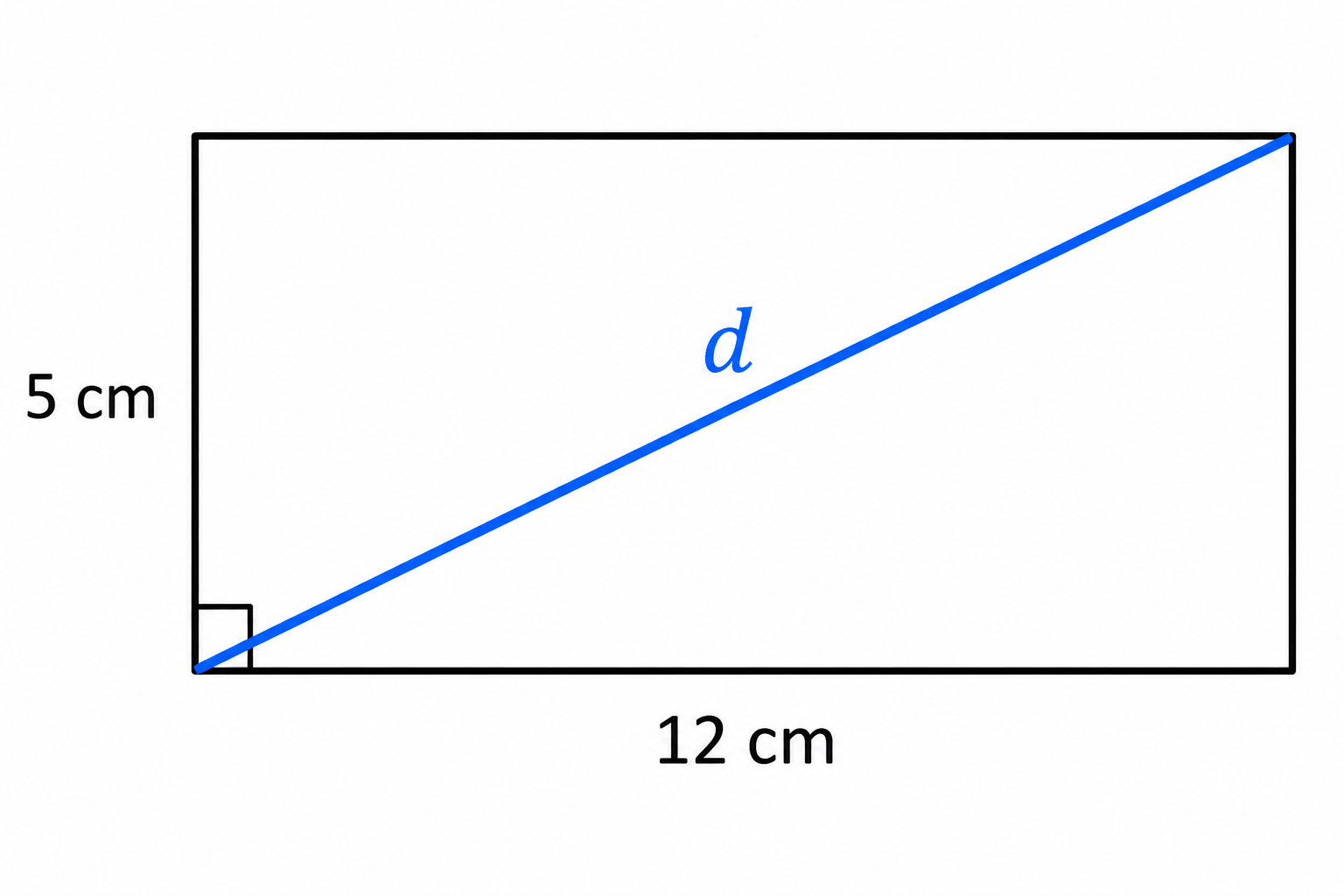 Rectángulo de 12 cm por 5 cm con diagonal d marcada como hipotenusa.