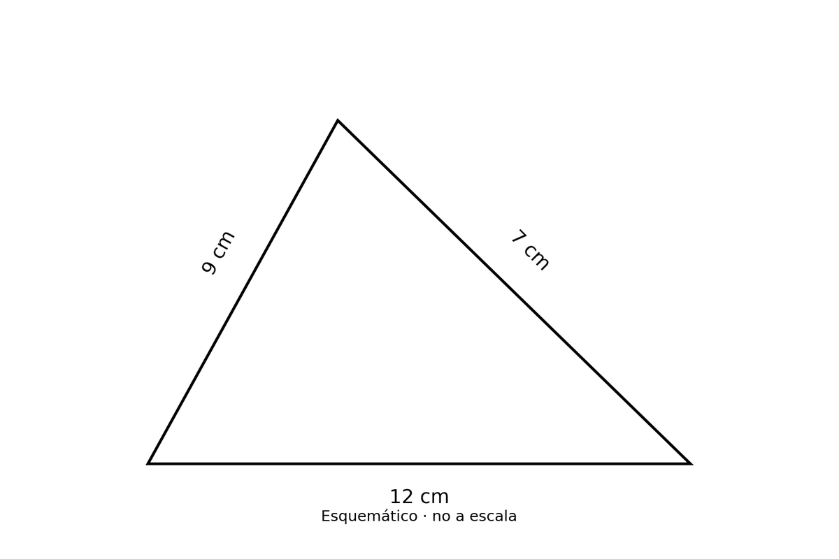 Triángulo esquemático con lados 7 cm, 9 cm y 12 cm etiquetados.