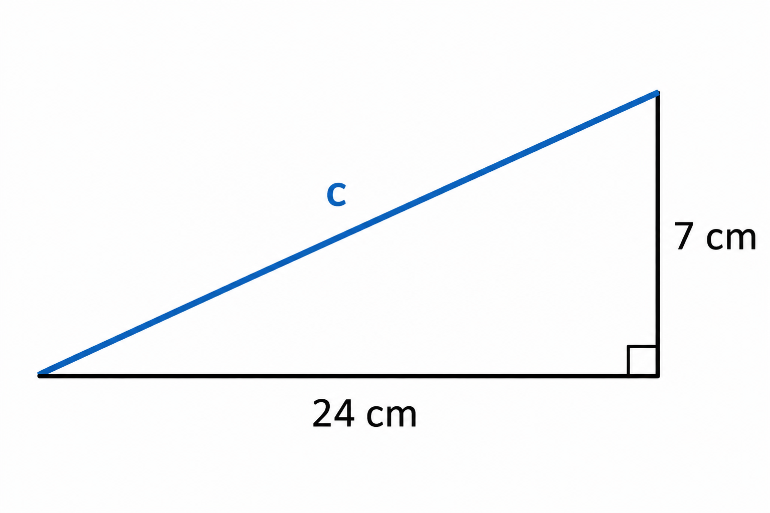 Triángulo rectángulo con catetos 7 cm y 24 cm e hipotenusa c desconocida.