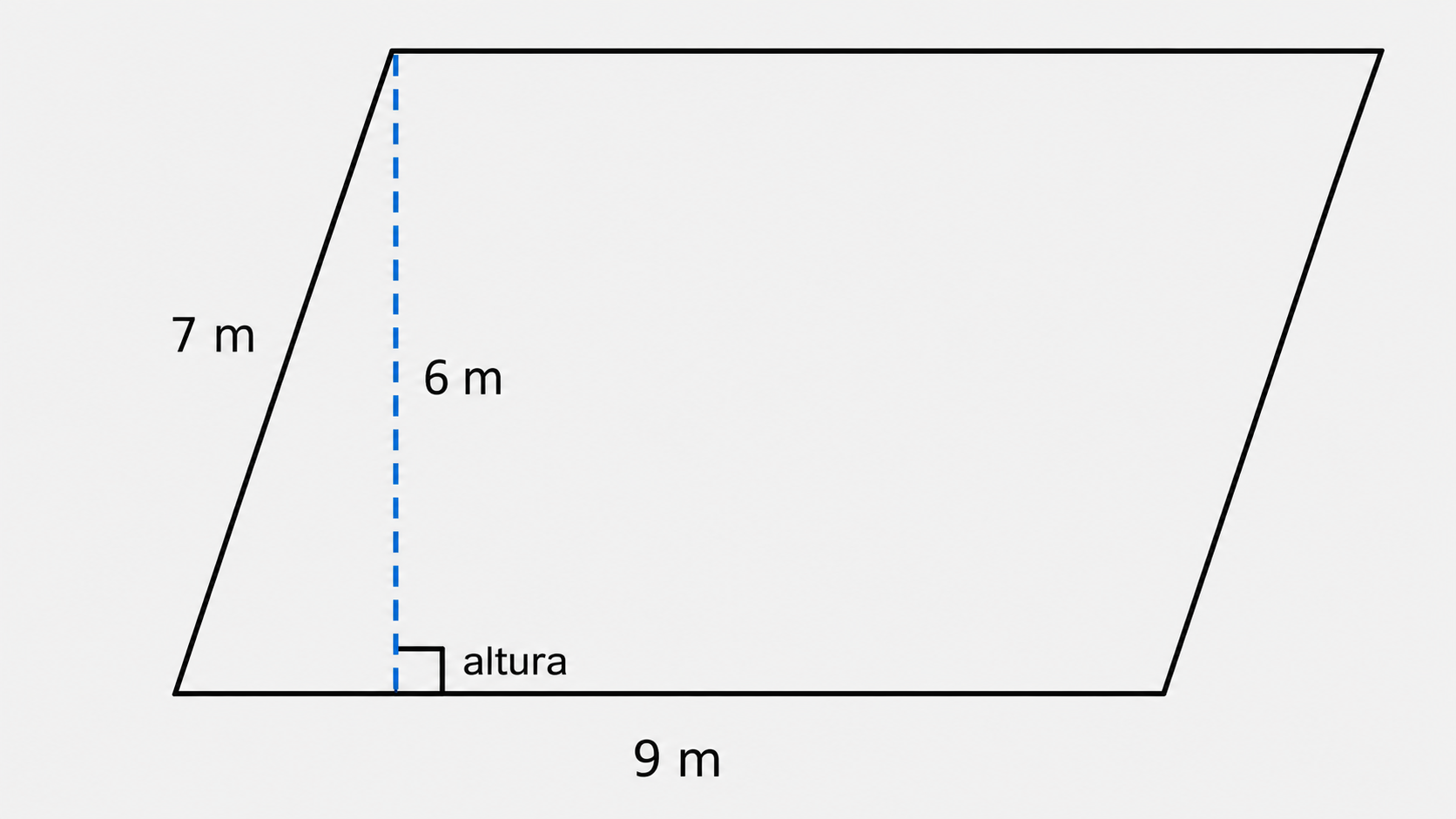 Paralelogramo con base 9 m, altura perpendicular 6 m y lado inclinado 7 m.