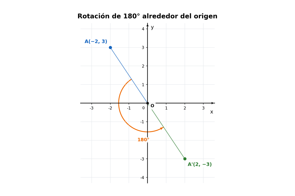 Plano cartesiano con A=(−2,3), origen O como centro y A'=(2,−3).